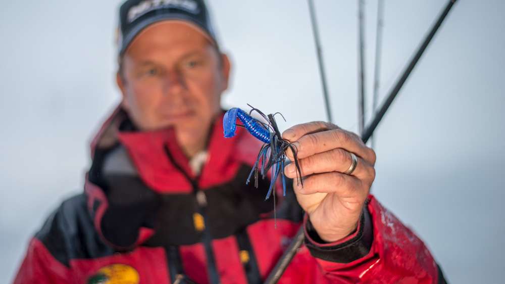 KVD also used this 5/16-ounce Strike King Tour Grade Skipping Jig, black/blue, with matching Menace Grub. He also Texas-rigged the grub with 5/0 Strike King Hack Attack Heavy Cover Flippin Hook and 5/16-ounce Strike King Tour Grad Tungsten Weight. 
