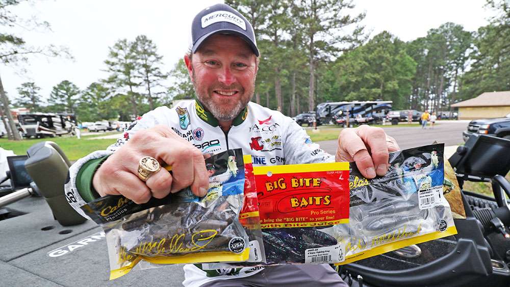 He shows off a few of his favorite swimbaits and creatures. The swimbaits are his signature series produced by Cabela's.