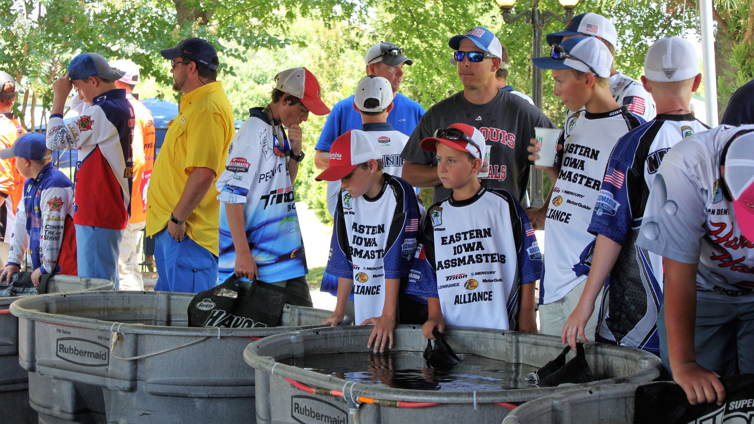 Teams from 28 states and Canada are represented in the championship which is being held on Carroll County 1,000 Acre Recreational Lake in northwest Tennessee. Here, a line of some of those teams begins to form at the tanks waiting for Tuesdayâs 1:45 p.m. start.