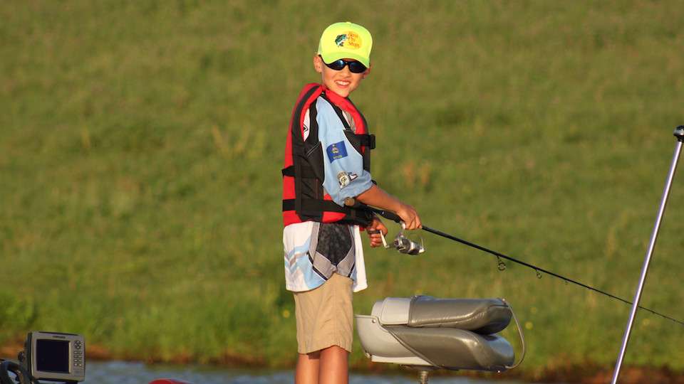 Nick Hermann of Kansas is fishing the back of the boat to start Day 2 on Carroll County 1,000 Acre Recreational Lake.