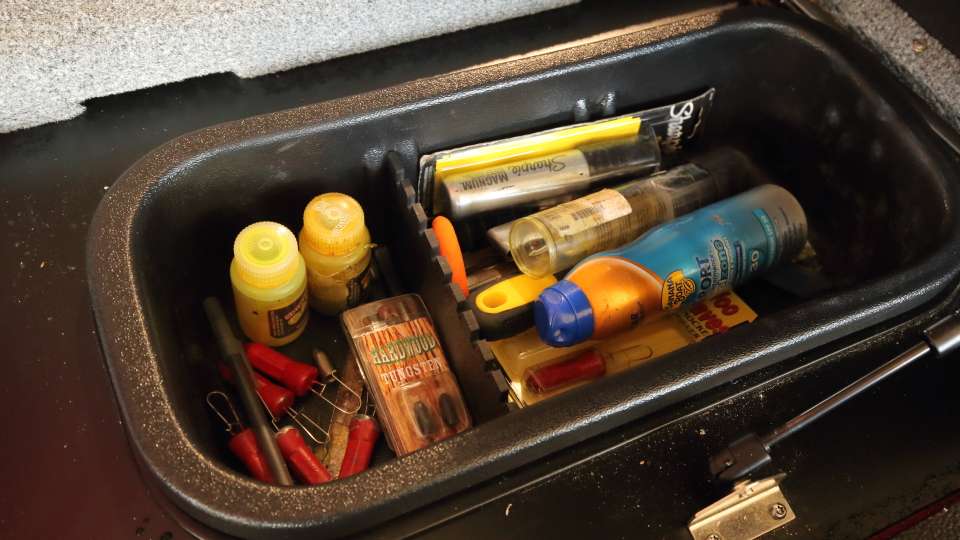 A day box carries a little bit of everything â hook sharpeners, dipping dyes, reel oil, reel lube, reel grease, sunscreen and different pliers and tools. It's also where Jordon keeps his Woo Daves Pocket Rockets for retrieving snagged lures. 
