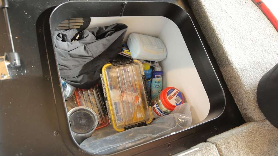 The box behind the driverâs seat holds everything from medicine and spare rain pants to zip ties and tools. 