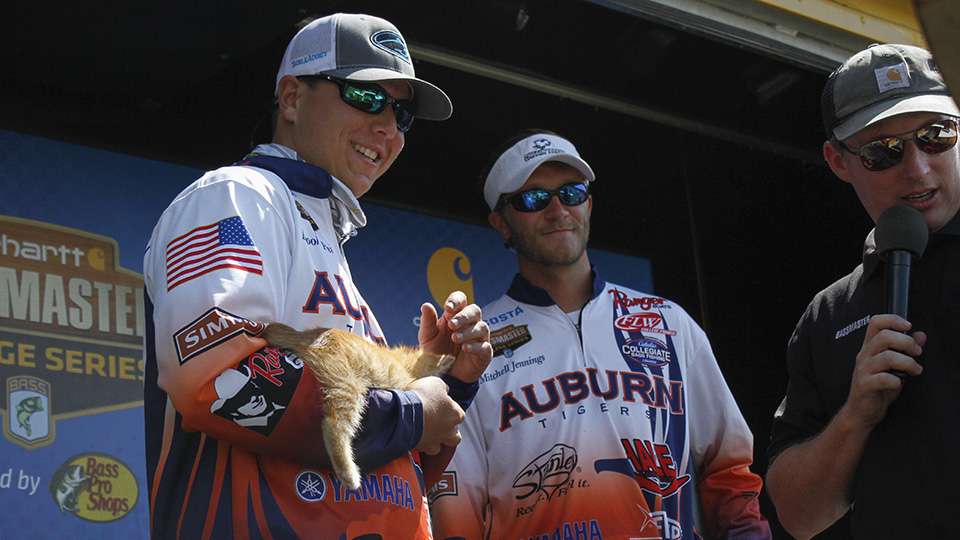 Mitchell Jennings and Brooks Forsyth of Auburn saved a kitten from the water on Day 2 and brought it to weigh-in.
