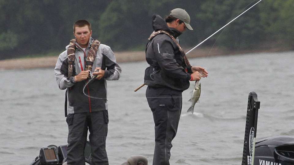 One angler hooked up with a white bass, while the other was hooked up too.