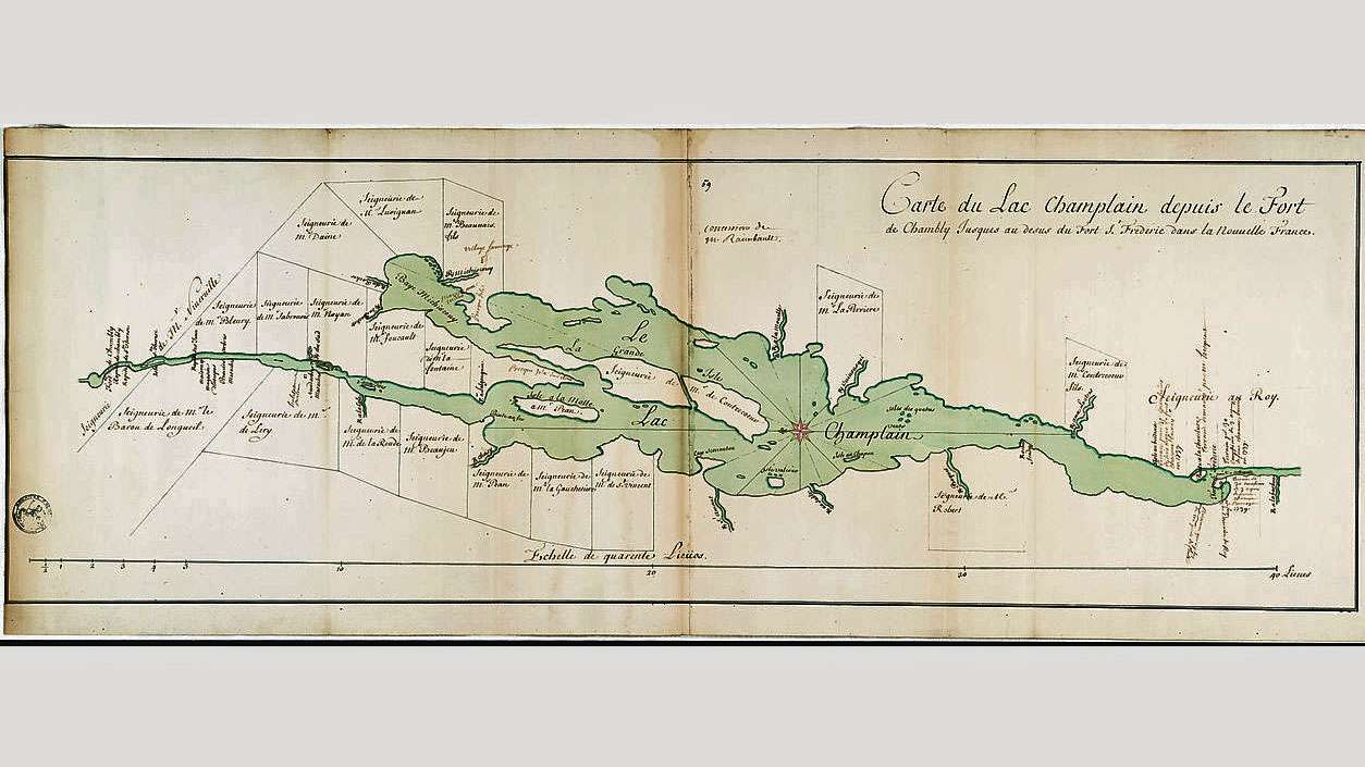 Champlain was named after a French explorer who came across it in 1609. France mapped its land in North America, and this one of the Lac Champlain region was done from 1739 surveying.