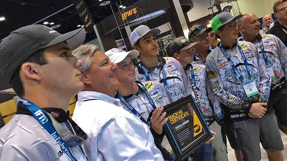 At the Lewâs booth, the nearby Osceola Anglerâs high school fishing team was brought in and recognized by the company as it held a press briefing on its new Mach Crush. The company again won Best of Show in the Rod/Reel combo category.