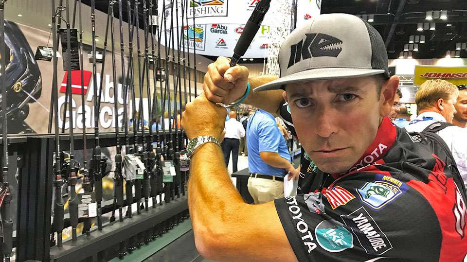 Another Classic champ, Mike Iaconelli is ready for his next at-bat. The New Jersey pro has quite the batting eye as he awaits a pitch in the Abu Garcia area of Pure Fishingâs massive booth. 