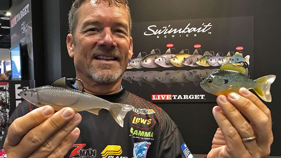 Stephen Browning holds the Hitch and the Sunfish, the latest LiveTarget offerings in its swimbait series.