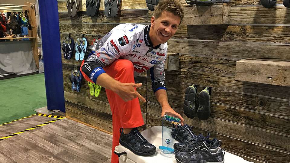 Leaving the Huk booth, Elite pro Chad Pipkens shows off his Attack shoes that won Best of Show in Footwear. The Michigan pro is glad the Series is heading north for the remainder of the season, but heâll have to post another late-season climb if he hopes to return to the Classic.