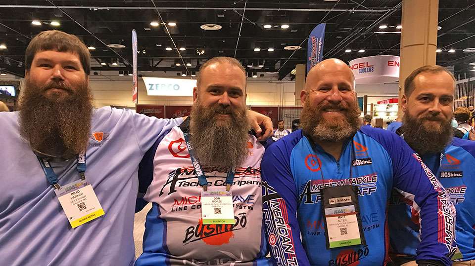 The floor was scanned far and wide, and once again the American Tackle Company won the Best of Show in the Team Beard category (wink, wink) by a whisker. Brad Parker (from left), Don Morse, Matt Alter and Nathan Stills take time out from a huge giveaway to pose.