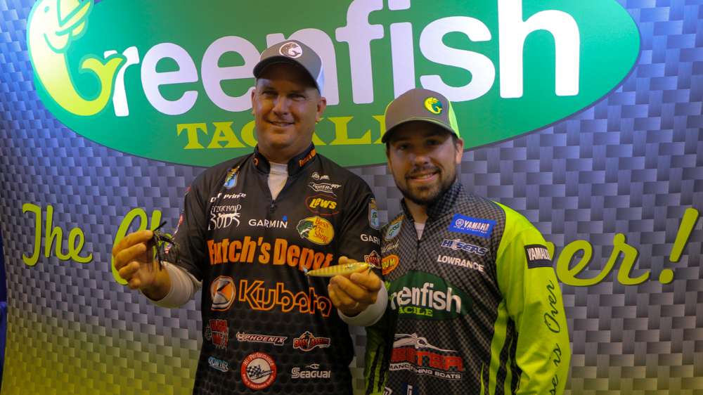 2017 GEICO Bassmaster Classic qualifier and Opens angler Wil Hardy and Cliff Prince show off a couple of lures from Hardyâs Greenfish Tackle.