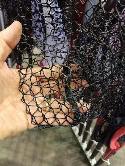 Several companies displayed landing nets with knotless, vinyl coated nylon mesh that do not remove the fishâs slime like older knotted, hard nylon nets.  Larger mesh also prevents snagging of treble hooked baits.
