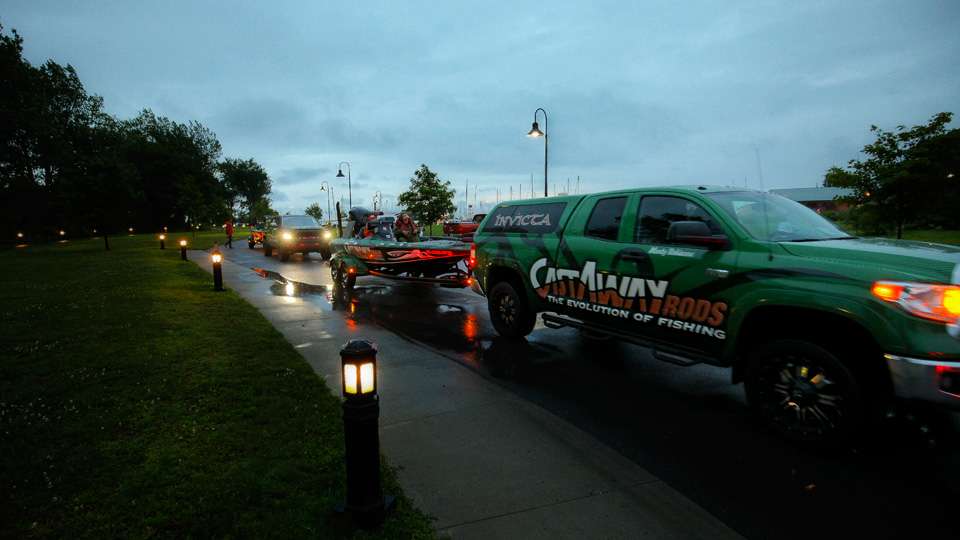 The Elites gather and get ready for Day 1 of the Bassmaster Elite at Champlain presented by Dick Cepek Tires & Wheels until the call is made to cancel due to weather.