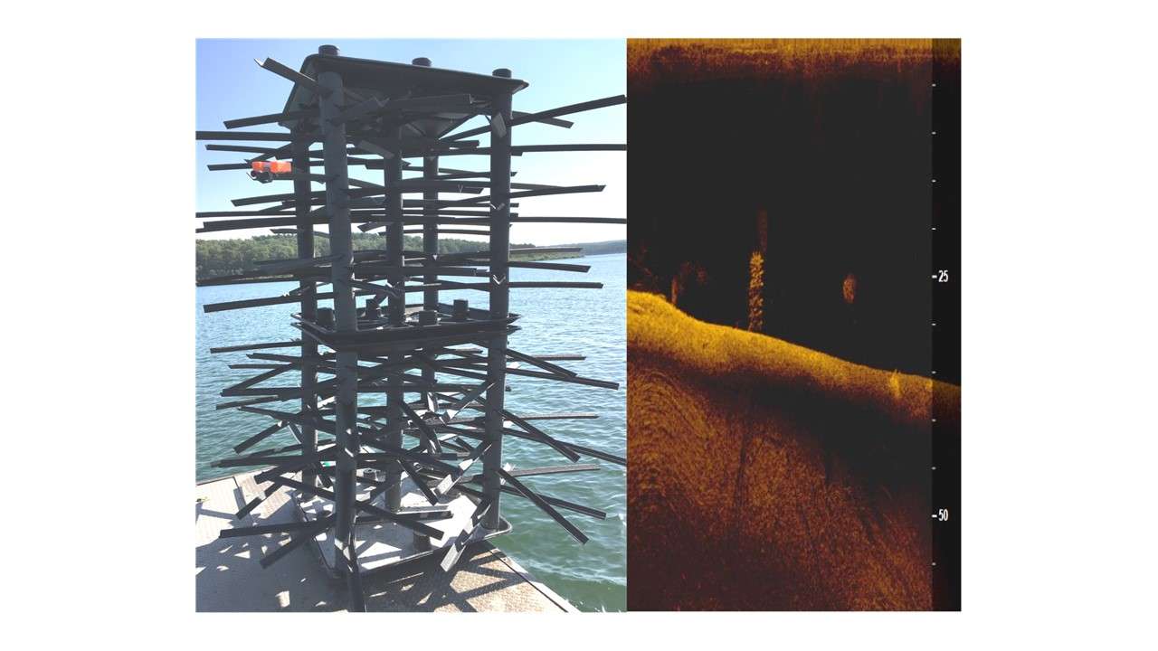 Three different styles of artificial structures were used during this project. The biggest structures were called mega reefs. Fourteen sites received one or two of these reefs. These structures are 10 feet tall. They provide excellent vertical height and shade to attract sportfish. The picture on the right shows what these structures look like on down imaging.   