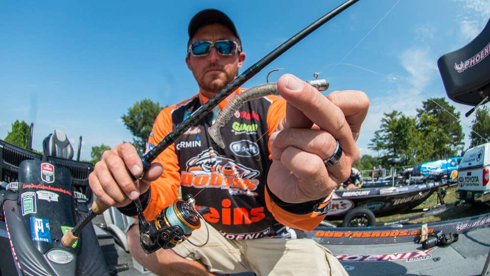 <b>Paul Mueller</b><br>
Paul Mueller used multiple lures to finish 10th. One choice was this Reins Fat Rockvibe Shad. He rigged it to a 1/2-ounce Do It Molds Tube & Tail Jig.
