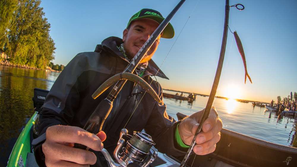 Avena made the wacky rig using a 5-inch Berkley Power Bait Max Scent The General, rigging to No. 1 B10S Stinger hook. He made the drop shot using a 4-inch Berkley Power Bait Max Scent Flat Nose Minnow. Adding a No. 1 Berkley Fusion 19 Drop Shot Hook and 1/4- or 1/2-ounce drop shot weights completed the rig. 
