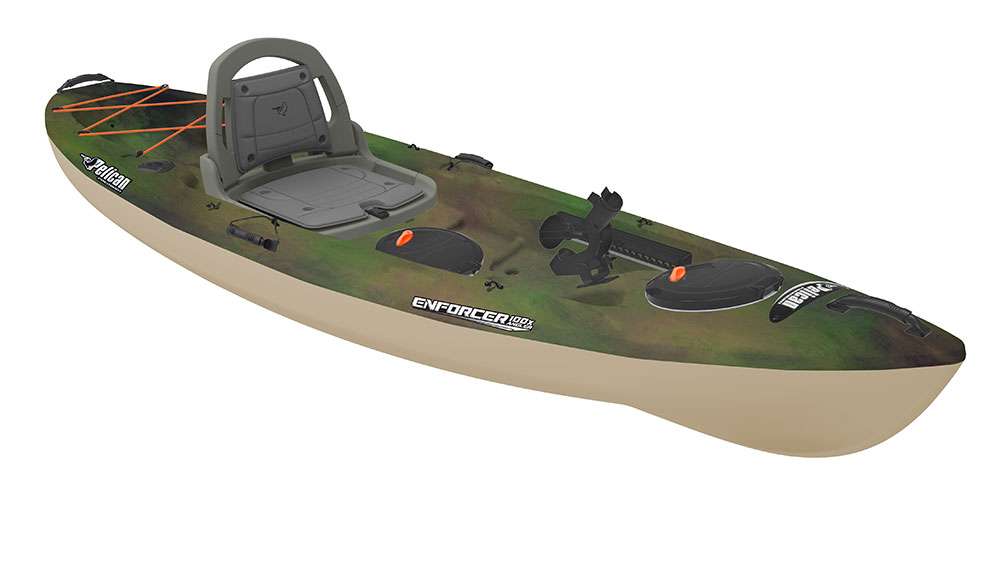 <p>Pelican Enforcer 100</p>
<p>The Pelican Premium Enforcer 100 is a self-bailing fishing kayak engineered for comfort, stability and speed. Built on a multichine flat bottom hull, this 10-foot sit-on-top angler kayak is designed for safety on larger bodies of water and to handle any kind of fishing conditions. It offers ample storage for your fishing gear and a large deck space to land your larger fish. MSRP: $549.99
