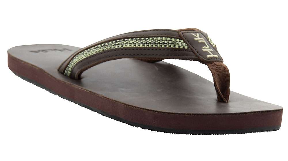 <p>Huk Caruso</p>
<p>The Huk Caruso is that simple, clean, âold schoolâ leather sandal that quickly becomes your best friend. The full-grain leather footbed gives a premium feel that makes you resent taking them off at the end of the day. Hukâs nylon and leather webbing toe straps are strong but not abrasive and the straps are engineered to hug your foot without restricting movement. Performance EVA midsole with arch support, along with our high-friction GripX outsole make this the perfect performance sandal for the fishing enthusiast. MSRP: $49.99

