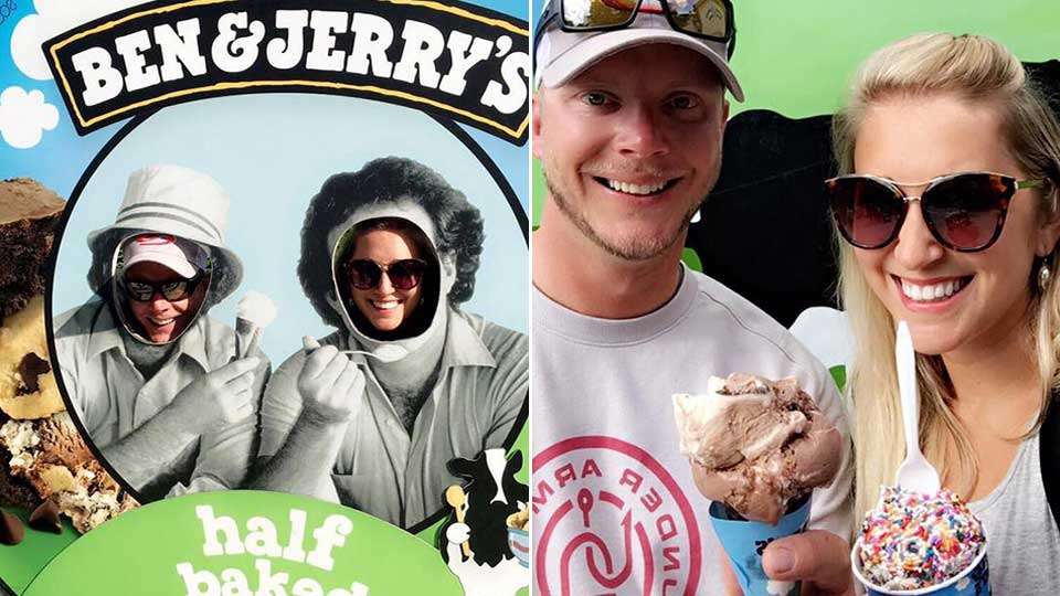 Jonathon and Arika VanDam take their turn at posing as the famous ice cream company founders, as well as trying out the products.