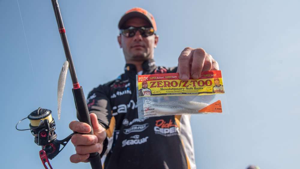 Lee used a 5-inch Strike King Zero/Z-Too with ElazTech, Ice. He rigged that to a 1/0 Owner Straight Shank Hook or No. 1 Owner Circle Hook. To complete the rig he added a 3/8- or 1/4-ounce Strike King Tour Grade Tungsten Weight. 