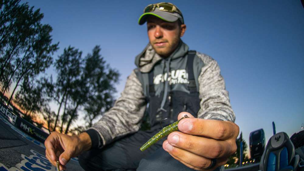 The Ned rig featured a 1/8-ounce Mustad Grip Pin Ned Head with about 3 inches of an X Zone Lures True Center Stick. âI fished a community hole and those fish had seen every lure known to man. Having the right bait, and a different look, made a huge difference.â
