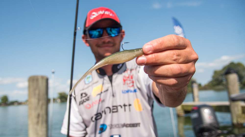 A key lure choice was this Strike King Zero/Z-Too with ElazTech, Pearl, rigged to No. 1 hook and 3/8-ounce Strike King Tour Grade Tungsten Weight. 
