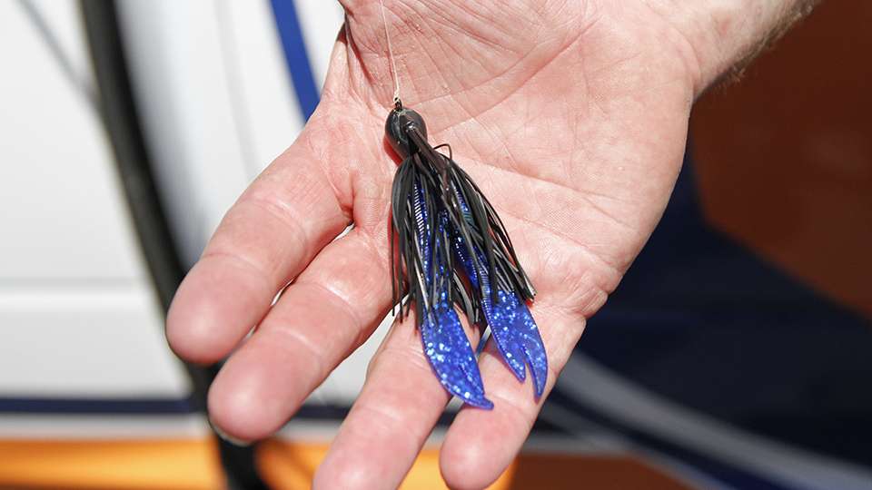 A key lure was this 1/2-ounce tungsten jig with blue trailer. âI keyed on wood, such as laydown trees and duck blinds.â Creeks located off the main river channel produced best for the New Jersey pro.  