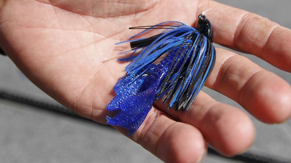He used this 3/8-ounce Riot Baits Minima Jig, Blue Steel, which is one of the smallest flipping jigs available. For a trailer he used a Riot Baits The Tantrum, Blue Sapphire. 
