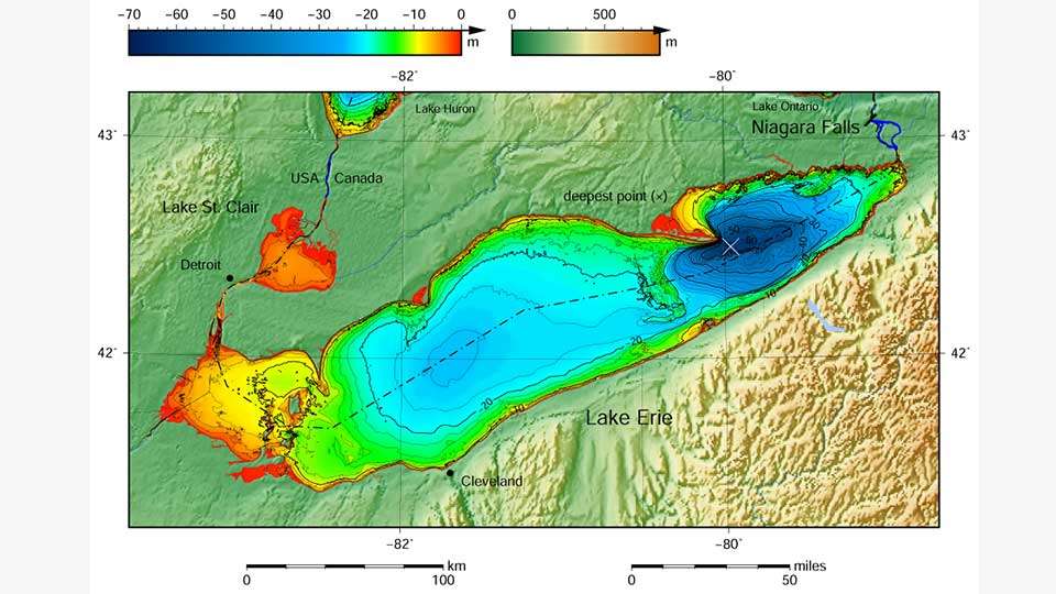If Lake St. Clairâs waters in Michigan, Ohio and Ontario werenât large enough, the anglers may also fish the Detroit River, Lake Huron, Lake Erie and all the rivers, creeks and canals connected to those waters that are open to public fishing. No boats are allowed in Pennsylvania waters. This bathymetry map shows the depth of the waters -- St. Clairâs average depth is 11 feet.