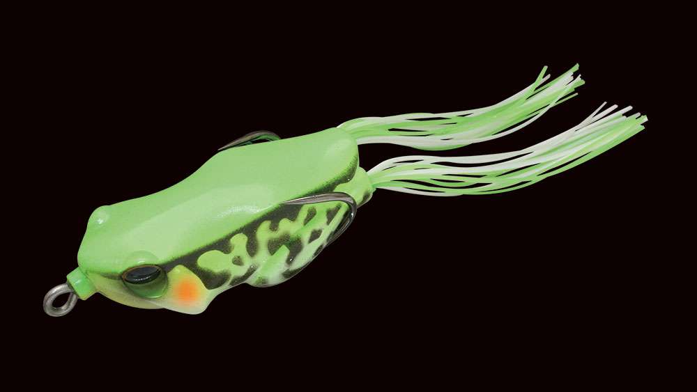 <p>Jackall Kaera Green Frog</p>

<p>The Kaera Green frog features a body shape and hook position that hides the points to lessen snags. The wide hook also increases hookup ratios, and the flat surface side body pushes a lot of water to garner more attention. The water drain hole behind the body releases excess water during the cast. MSRP: $9.99
