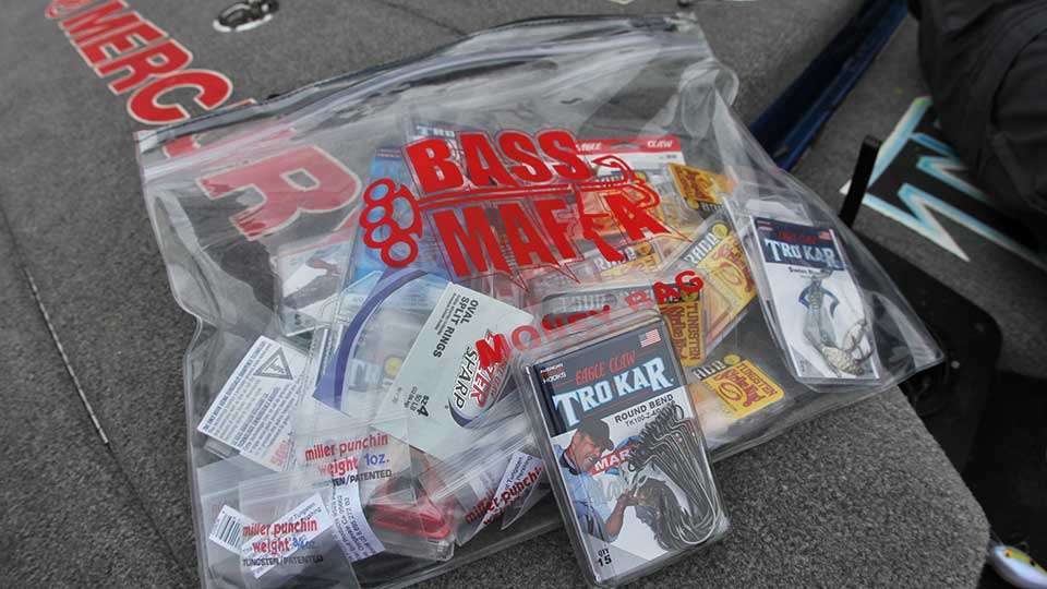 The big bag of BASS Mafia and Trokar hooks comes out. Basically this bags holds everything that Z plans on using throughout this show.