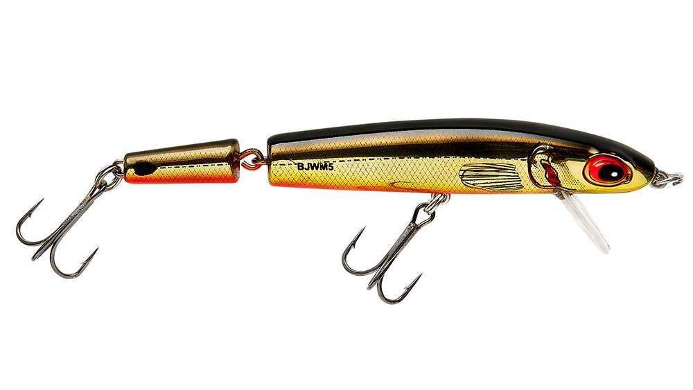 <p>Bomber Jointed Wake Minnow</p> <p>The Jointed Wake Minnow weighs 3/4 ounce and is available in 10 different color patterns, including the 3D high-definition patterns which give it a very realistic look. This new high-energy floating bait is equipped with heavy hardware and black nickel hooks making it tough enough to handle big fish and durable enough to withstand saltwater. MSRP: $8.99 