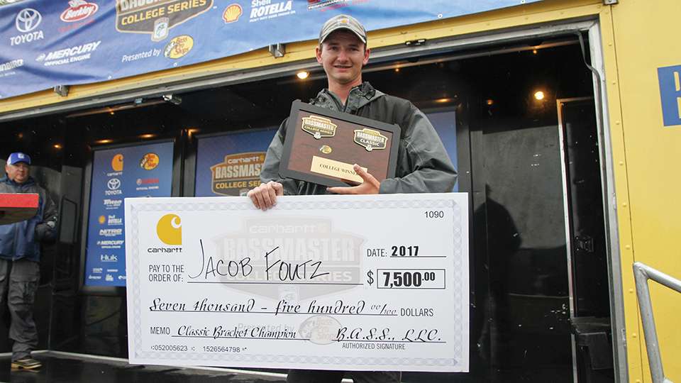 As the champion, Foutz was awarded with $7,500 in travel money from Carhartt so that he can fish the Bassmaster Classic and all 9 Bass Pro Shops Bassmaster Opens in his fully rigged Toyota Tundra and Nitro Z20, which has a 225 Mercury Pro XS, Power-Poles, Humminbird electronics and a Minn Kota Foretrex.