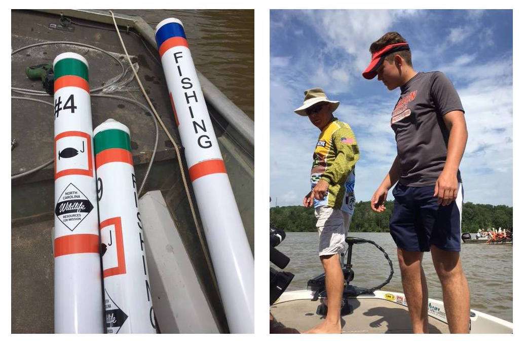 The North Carolina Wildlife Resources Commission provided buoys for the project. Daniel Pell and NC B.A.S.S. Conservation Director lining up deployment team on subsurface structures to be enhanced.