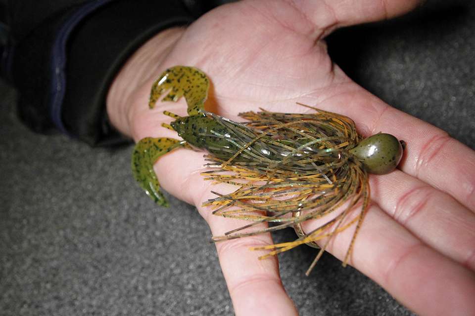 His choice was a 1/2-ounce Chattahoochee Jig Company Jig, Killer Miller pattern. For a trailer he added a brown/chartreuse 4-inch Strike King Rage Tail Craw trailer. 