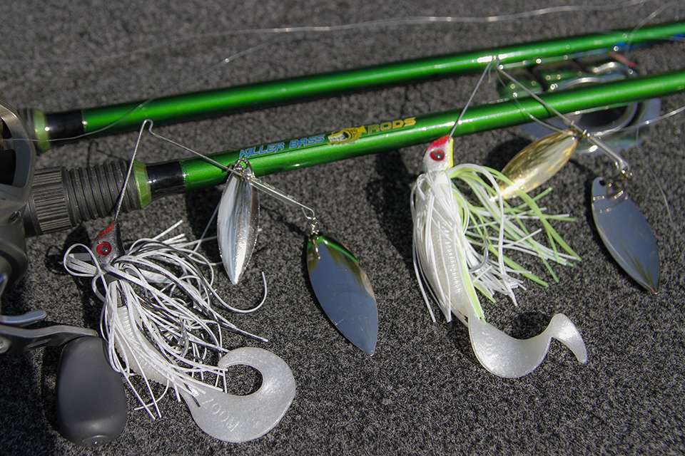 In clear water Burkhart fished a Killer Blade with black and white skirt and tandem willowleaf nickel blades. Another Killer Blade featured a chartreuse and white skirt with gold and nickel tandem willowleaf blades for stained water conditions. 
