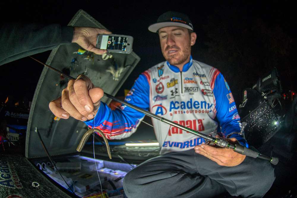 He made the drop shot with a 4-inch green pumpkin worm, rigged to a No. 6 VMC Ike Approved Neko Hook. A 3/8-ounce VMC Ike Tungsten Drop Shot Cylinder Weight completed the rig. 
