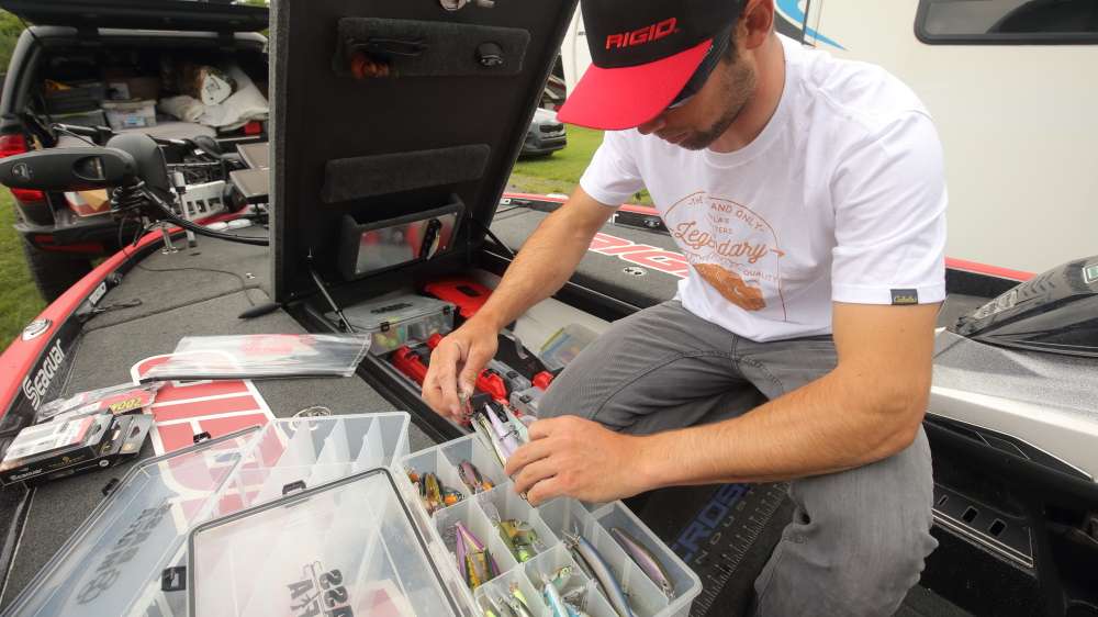 Next Palaniuk digs into his jerkbait collection, which includes Rapala Shadow Raps and Shadow Rap Shad lures.