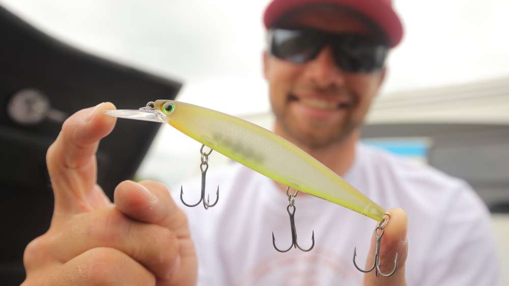 A jerkbait is often considered a cold-water presentation, but if the bite is slow and fish are suspended, it can be viable at any time. The Rapala Shadow Rap Deep is one of his favorites. 
