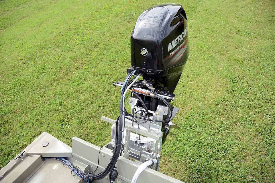 This view of the outboard raised to maximum height clearly shows why the boat is capable of running in extreme shallow water. 