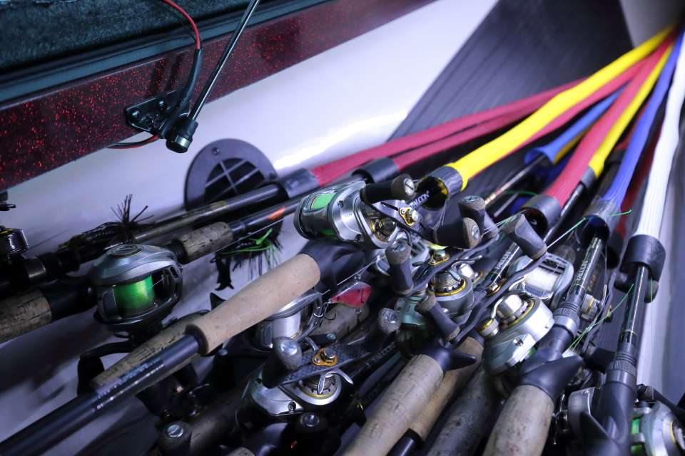 In the left rod locker, Christie usually carries about 20 rods for tournaments. Lew's reels and Falcon rods are primary sponsors for Christie. 