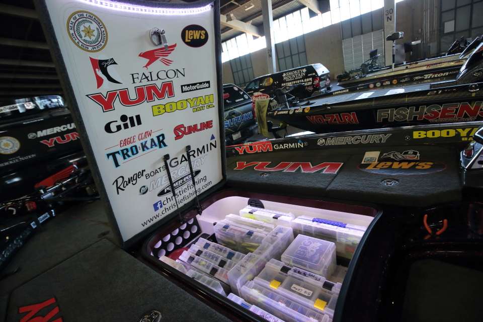 The inside lid of Christie's center compartment serves as a billboard for his many high-profile sponsors. The compartment itself holds an incredible variety of tackle.