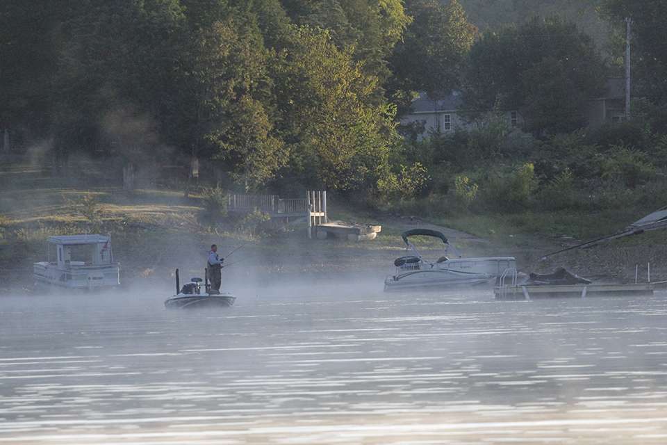 Day 1 of the Bass Pro Shops Bassmaster Northern Open on Douglas Lake dawns as the field heads out with chilly temperatures and a slight fog on the water.