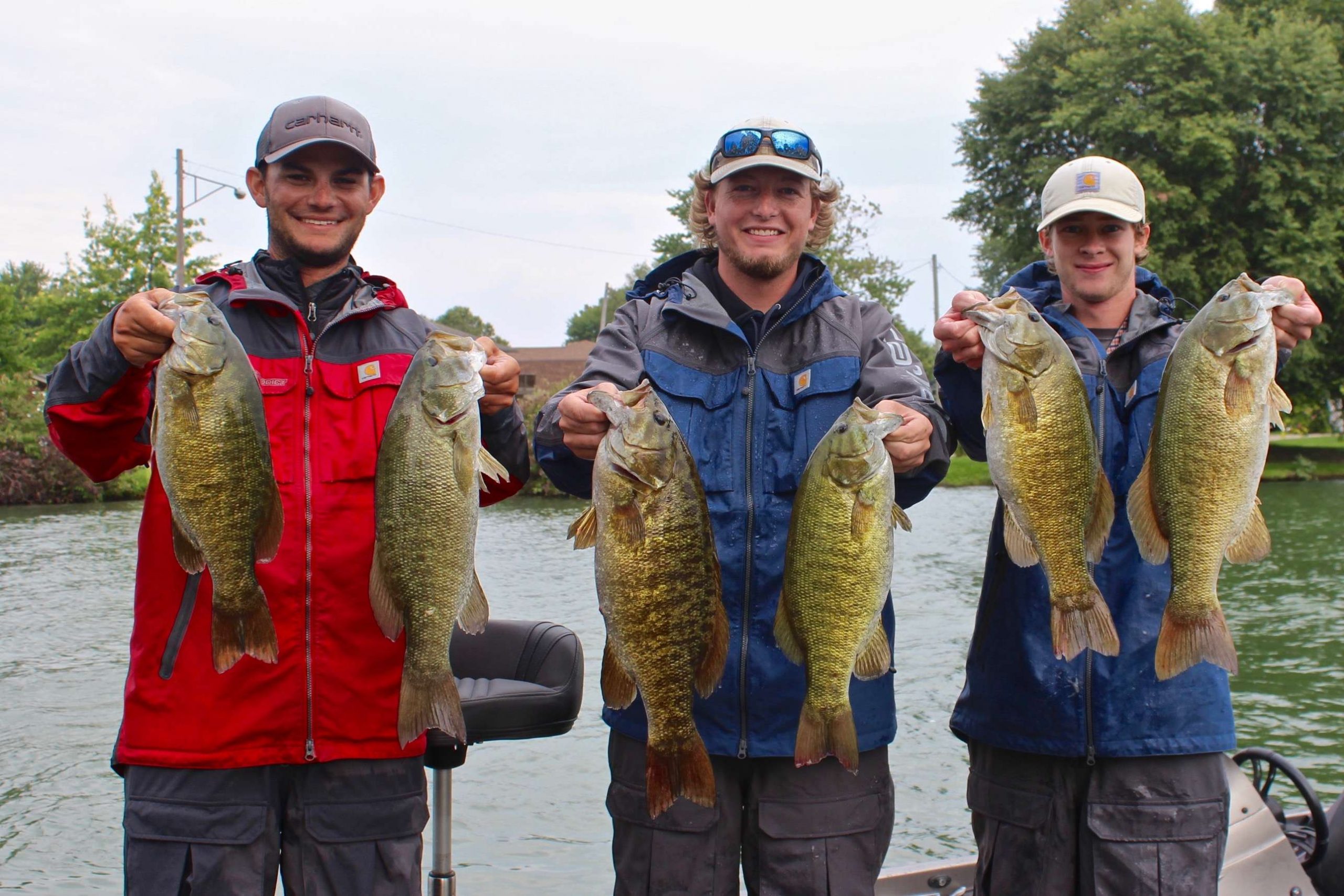 With the threat of another approaching rainstorm the crew called it a day. They posed with a few of the best fish from today; Jacob and Miller said it was the best day of smallmouth fishing theyâd ever had. 
