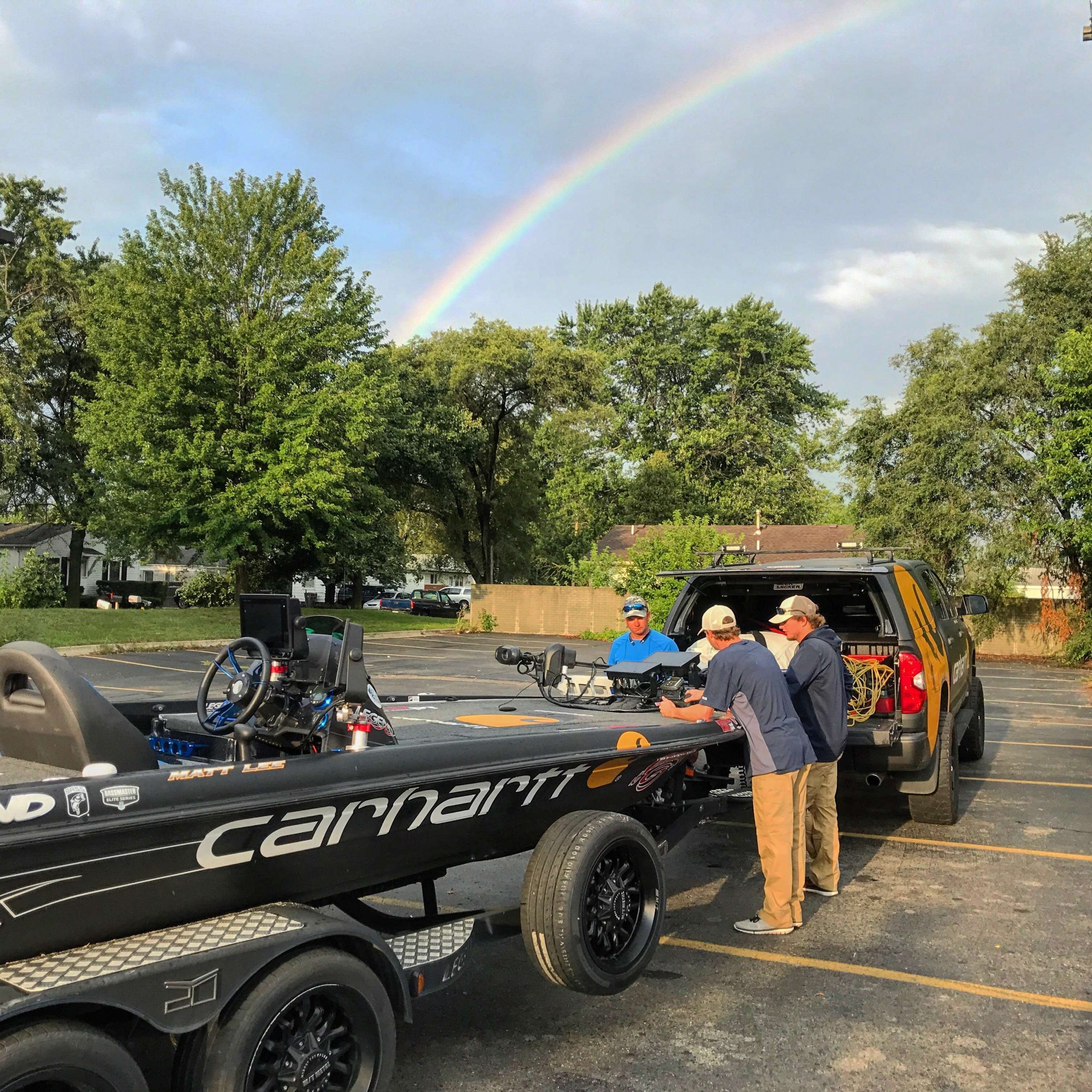 Day 2 of their Grand Prize trip began with tackle prep, breakfast, and a rainbow with Bassmaster Elite Series pro Matt Lee.
