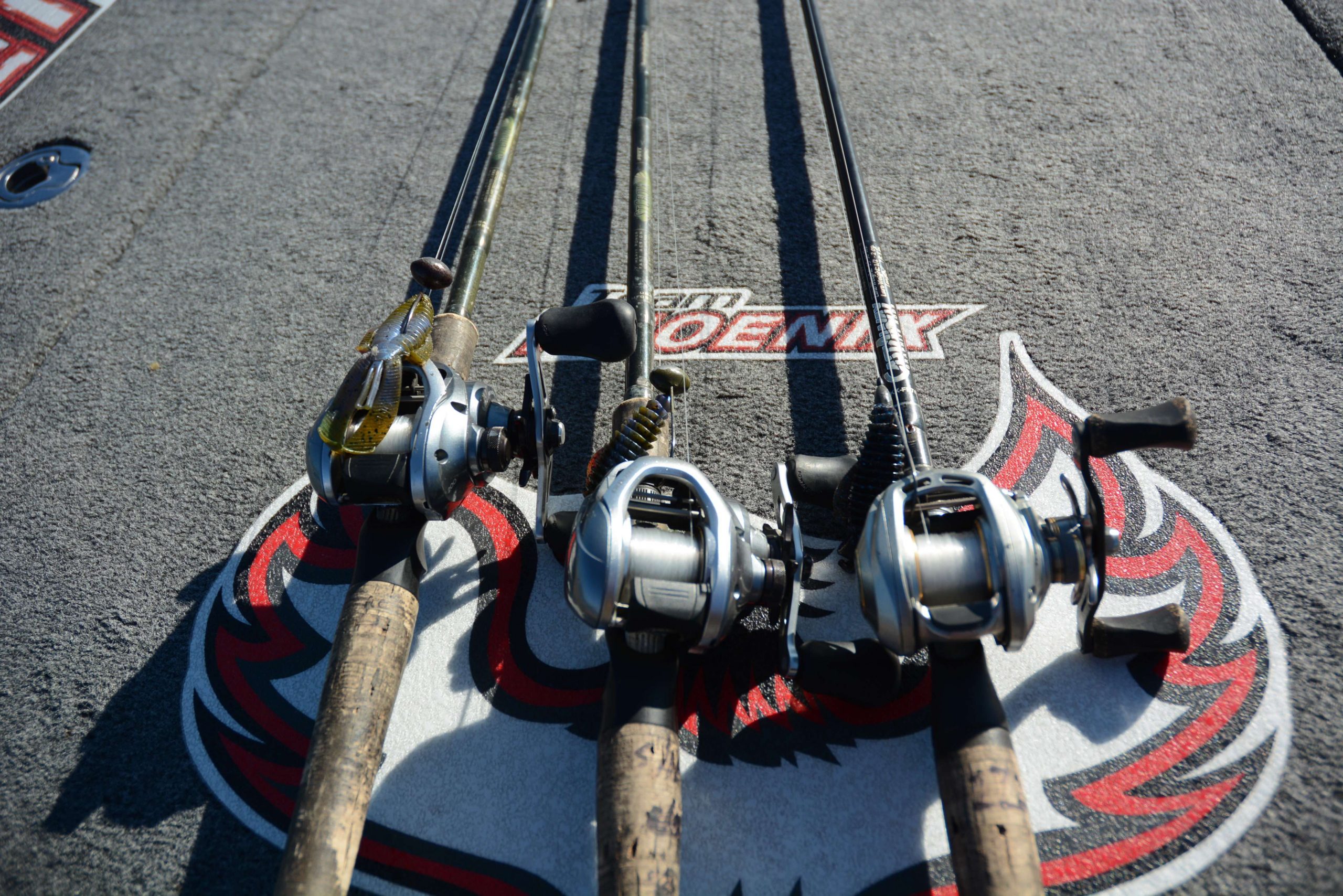 The lineup featured an 11/16-ounce Gene Larew Biffle Hardhead, 1/2-ounce shaky head jig and a Texas rig. To complete that he used a 4/0 hook and  1/4-ounce weight. 