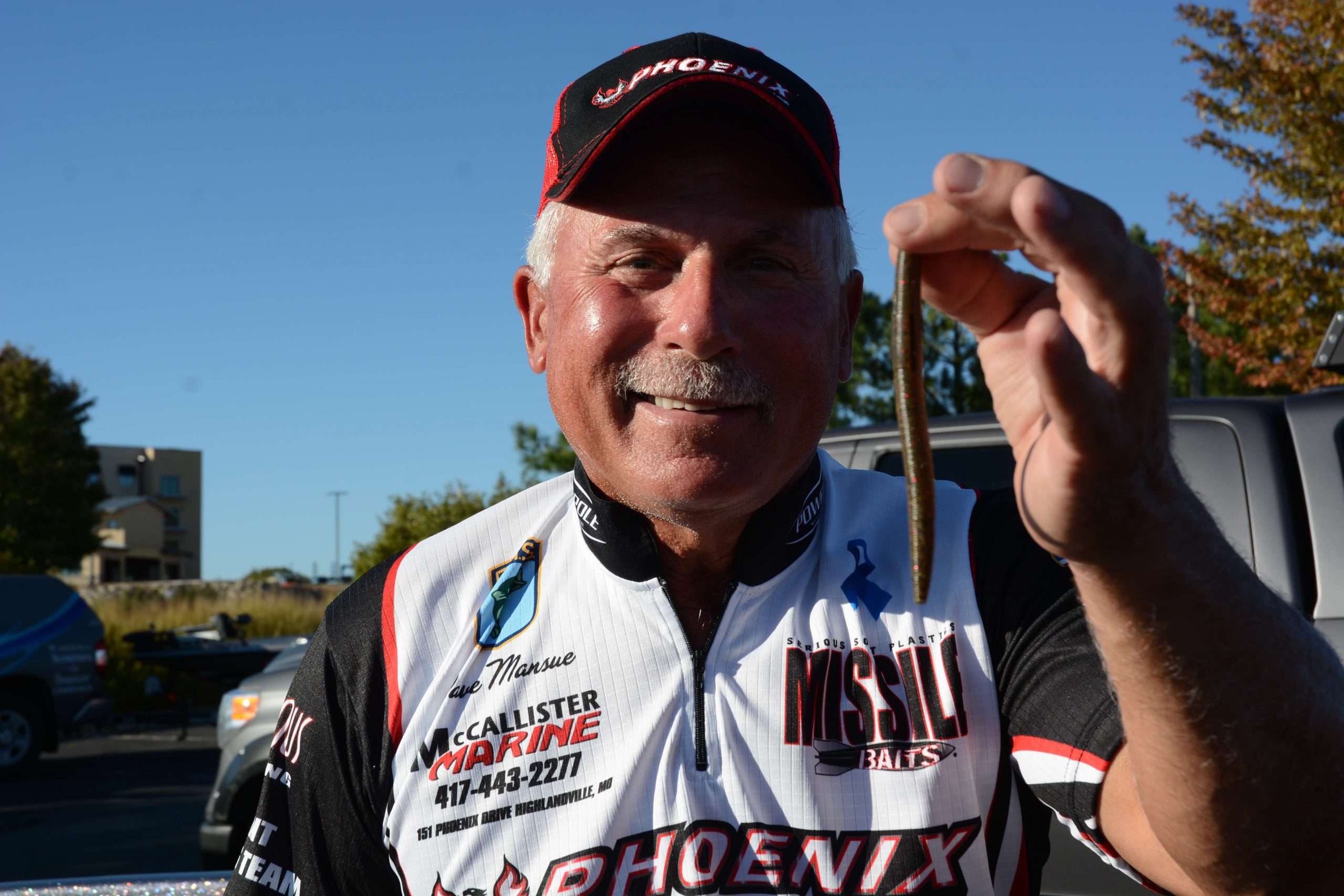 That was flipping a Texas rigged Yamamoto Senko in less than one foot of water. He made the rig with a No. 5 Daichi Offset Wide Gap Worm Hook, with 1/4- or 3/8-ounce worm hook.  