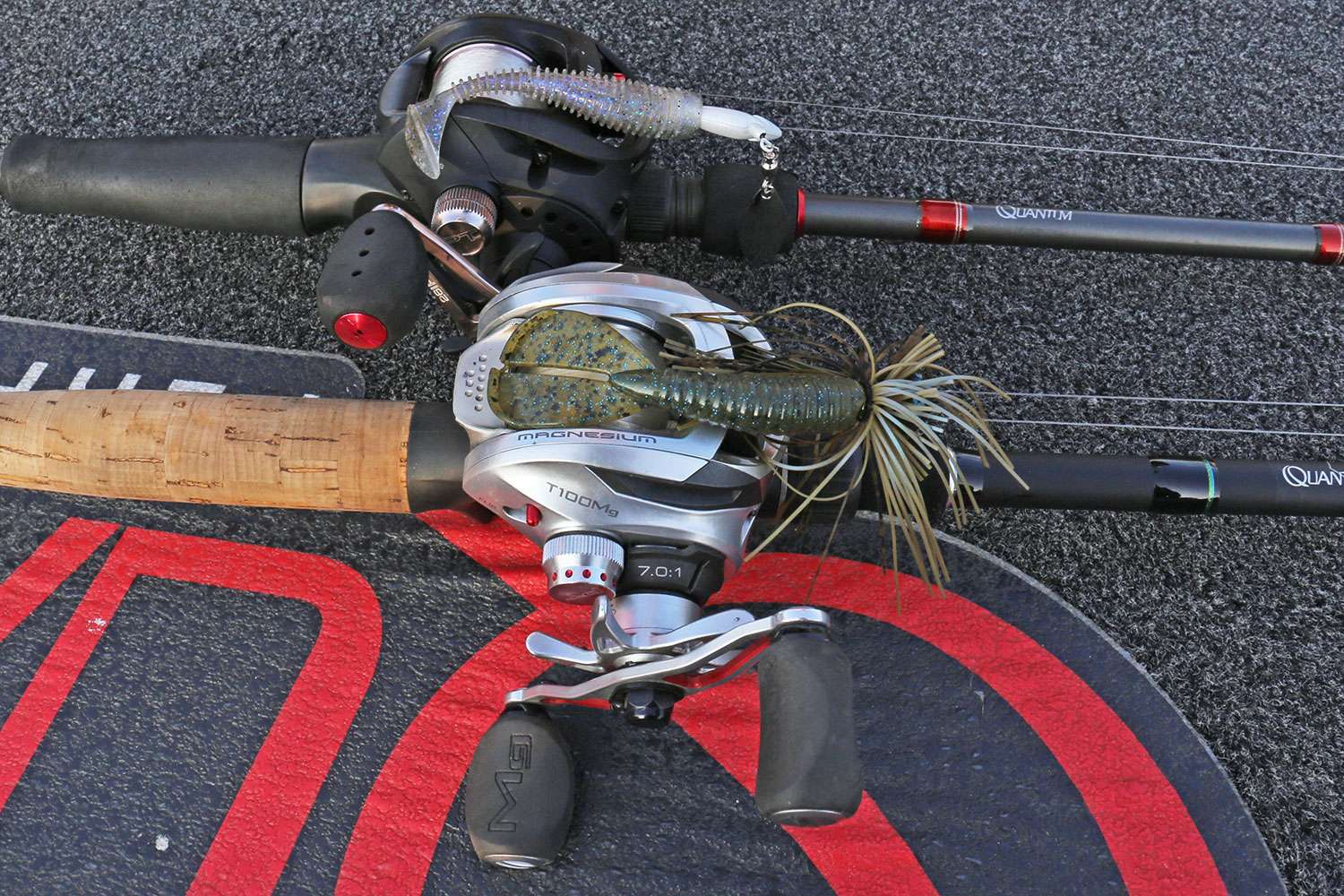 A 1/2-ounce finesse jig with a 4-inch Strike King Rage Twin Menace Grub was a key choice. So was a 1/2-ounce underspin with a 3.75-inch Strike King Rage Swimmer for a trailer. 