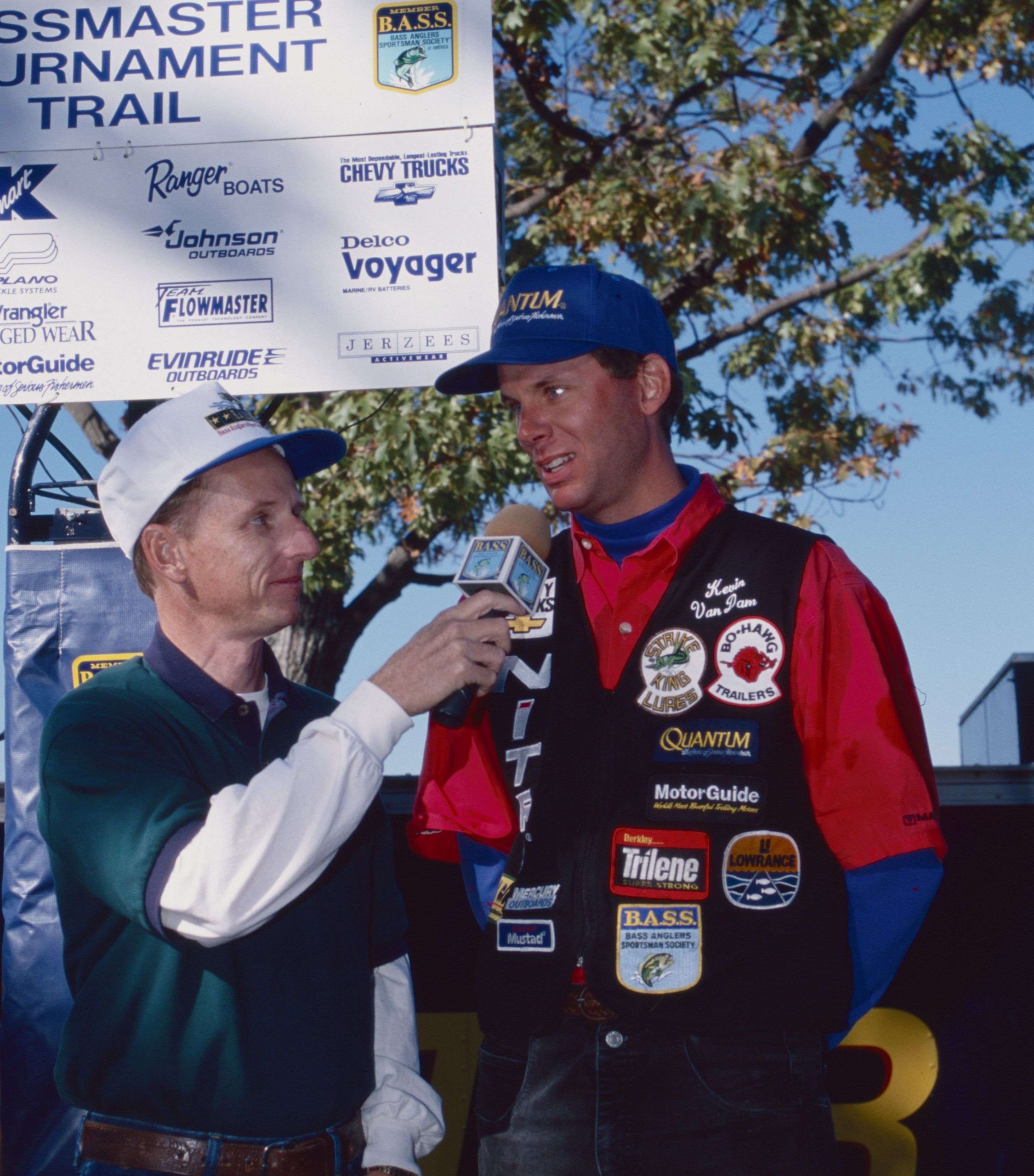 Kevin VanDam weighed in 41 pounds, 15 ounces to take the win at the 1997 Virginia Eastern Invitational on Buggs Island Reservoir. That's a youthful Trip Weldon holding the mic. 