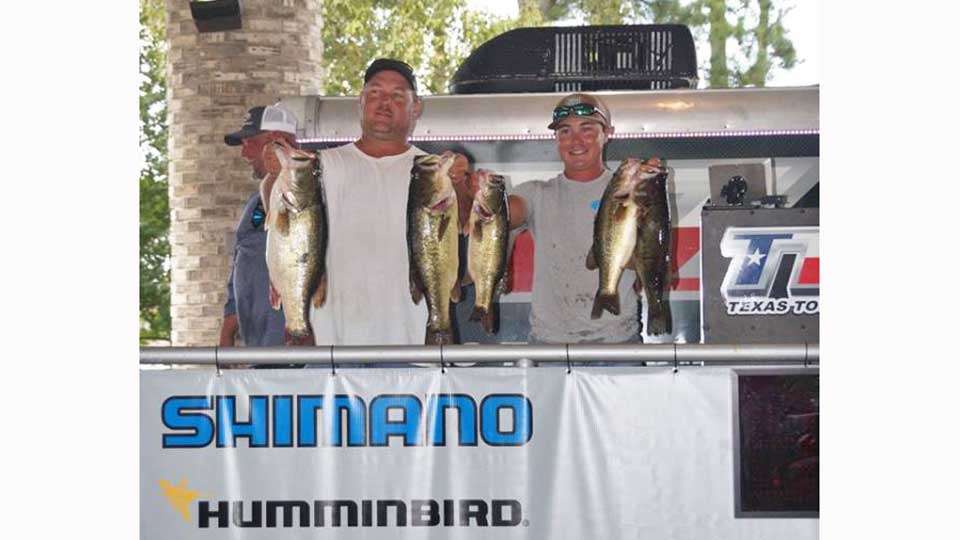 Jason Moorhead and Ty Moorhead won with a five-fish limit of 28.76 pounds, which included the big bass on the left, a 9.59 lunker.